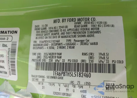 2020 Ford Mustang Ecoboost Fastback z USA, uszkodzony, nr VIN 1FA6P8TH5L5182460